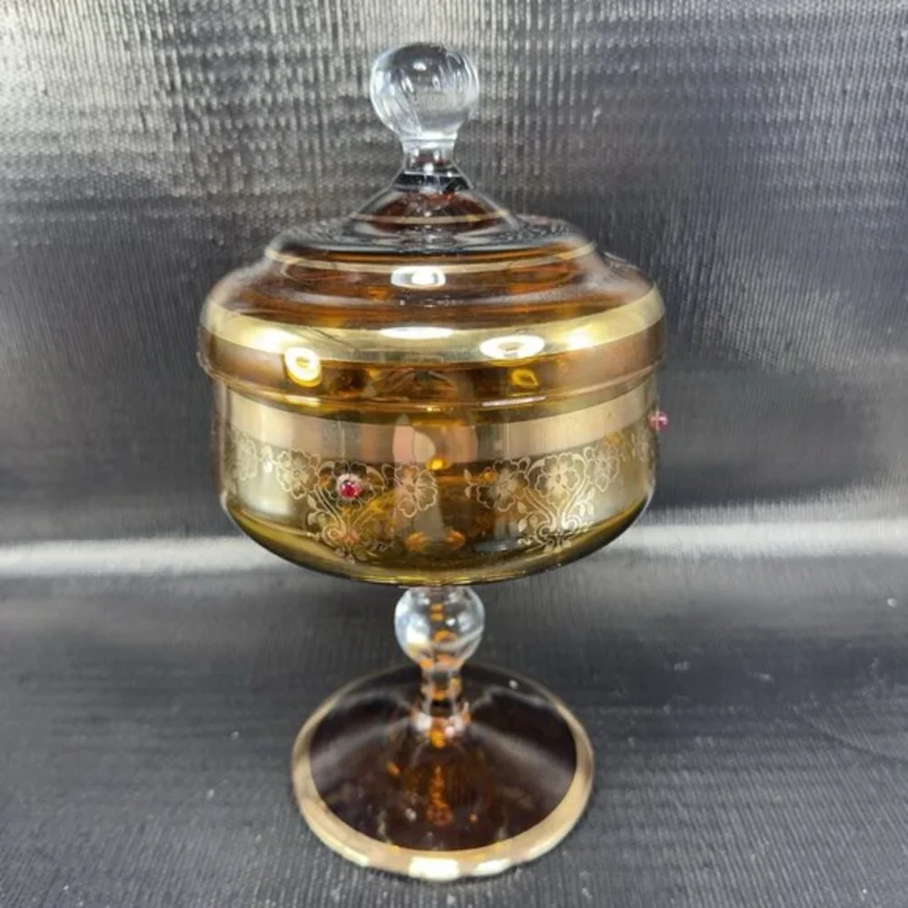 1980s Venetian Art Glass Tall Footed Dish Container Candy Dish Jar Amber Jeweled